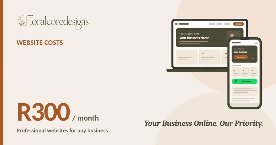 Illustration of a business website on a laptop and a smartphone next to an R300 per month price tag