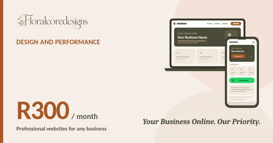 Illustration of a mobile-friendly business website shown on a smartphone beside a laptop
